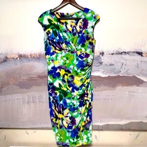 LAUREN‎ RALPH LAUREN Floral Sheath Dress Womens Size 8 Faux Wrap Ruched Colorful